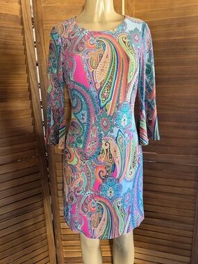 Tommy Hilfiger Paisley Long-Sleeve Shift Dress — Pink & Aqua